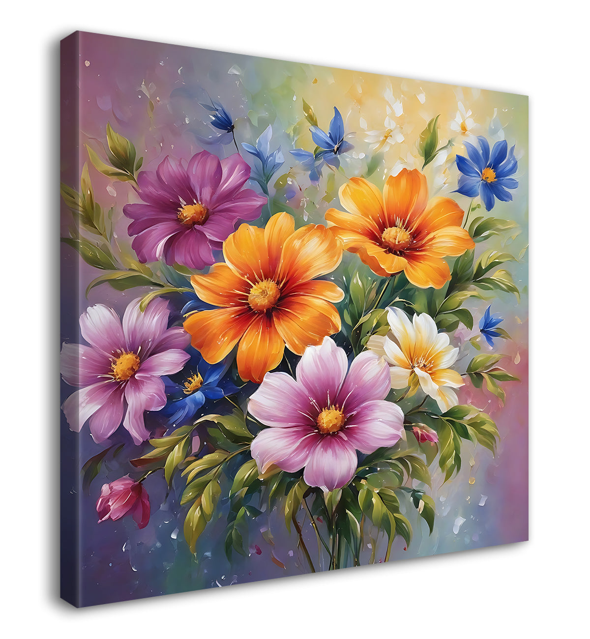 Colourful flowers in pink and grey background textured painting  - Flower-S-191