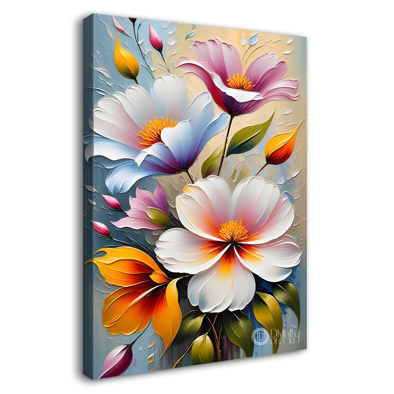 Colourful flowers in grey textured background painting- Flower-V-191