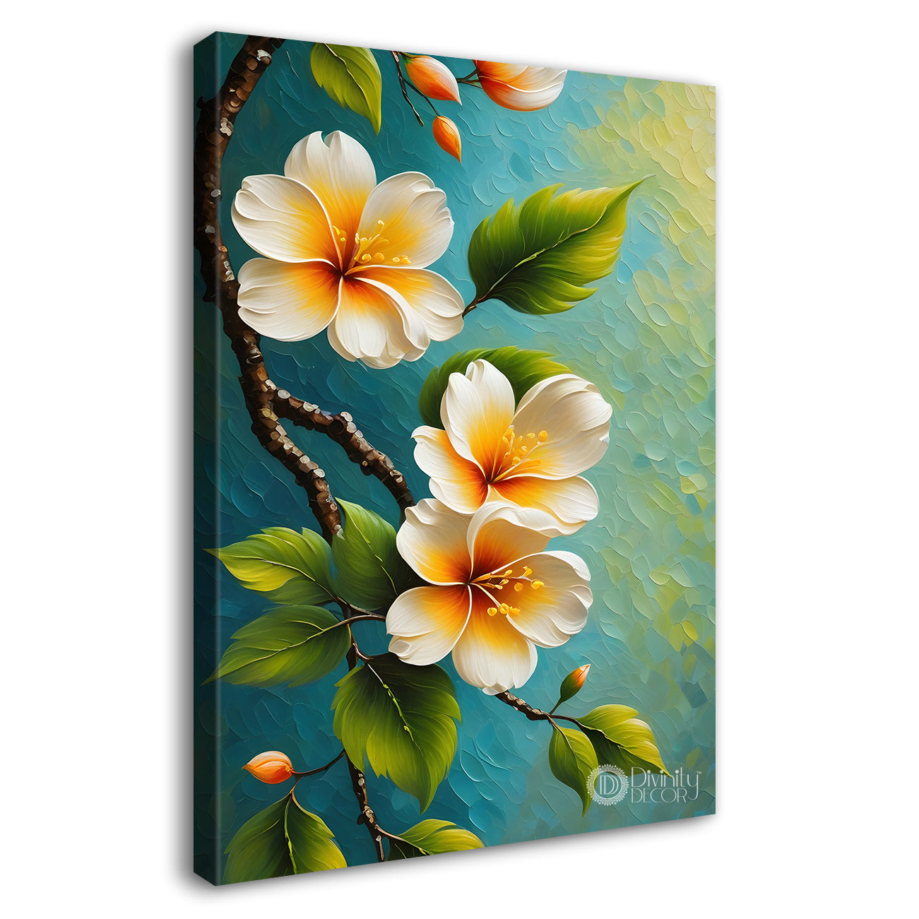 White flowers in green textured background painting- Flower-V-192