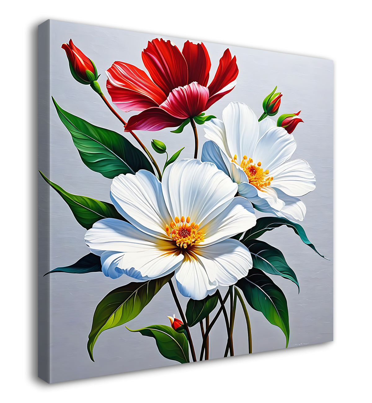 Red and white flowers in grey textured painting - Flower-S-192