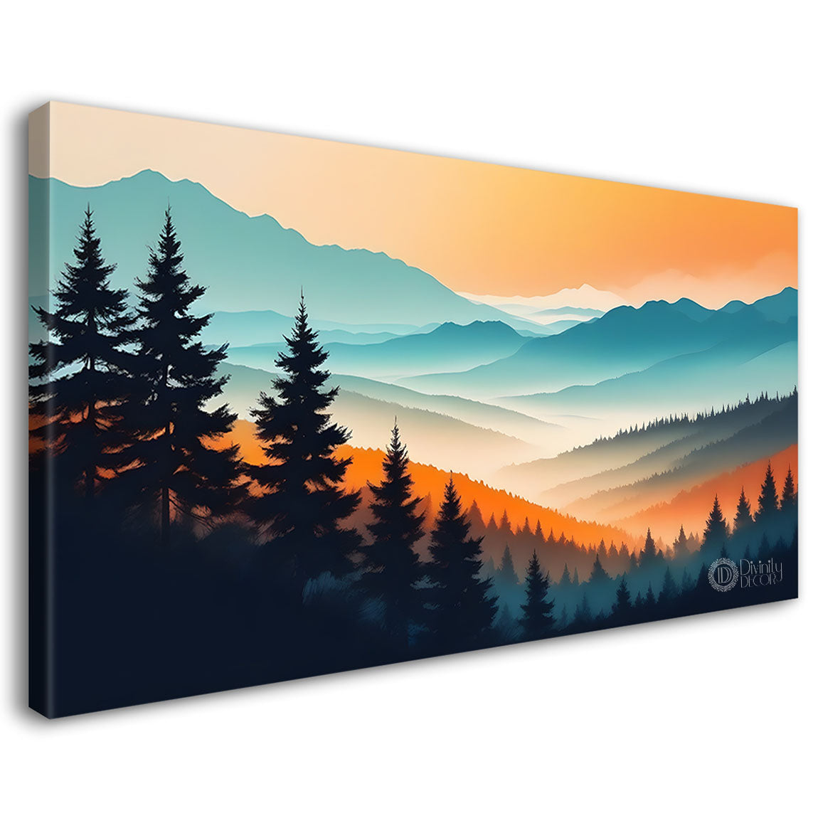 Mountains with trees in orange sky painting Canvas Painting - Nature Art -193