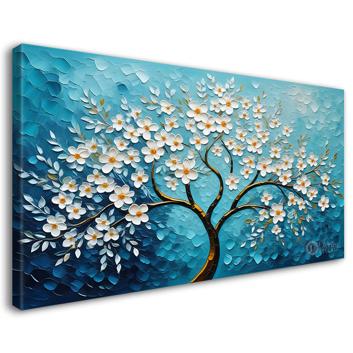 White flower tree in textured background oil painting- Design - Tree-194