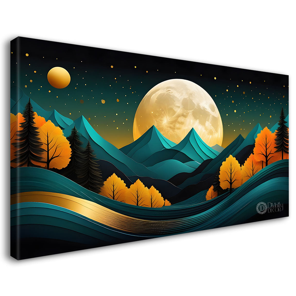 Moon with mountains in textured painting Canvas Painting - Nature Art -194