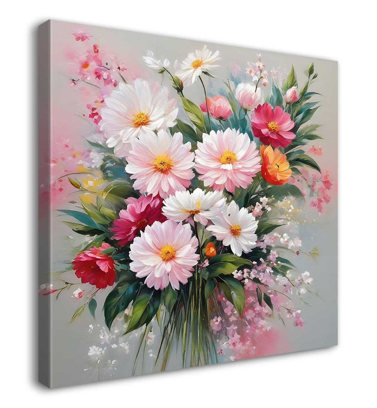 Colourful flowers in pink and grey background textured painting - Flower-S-194