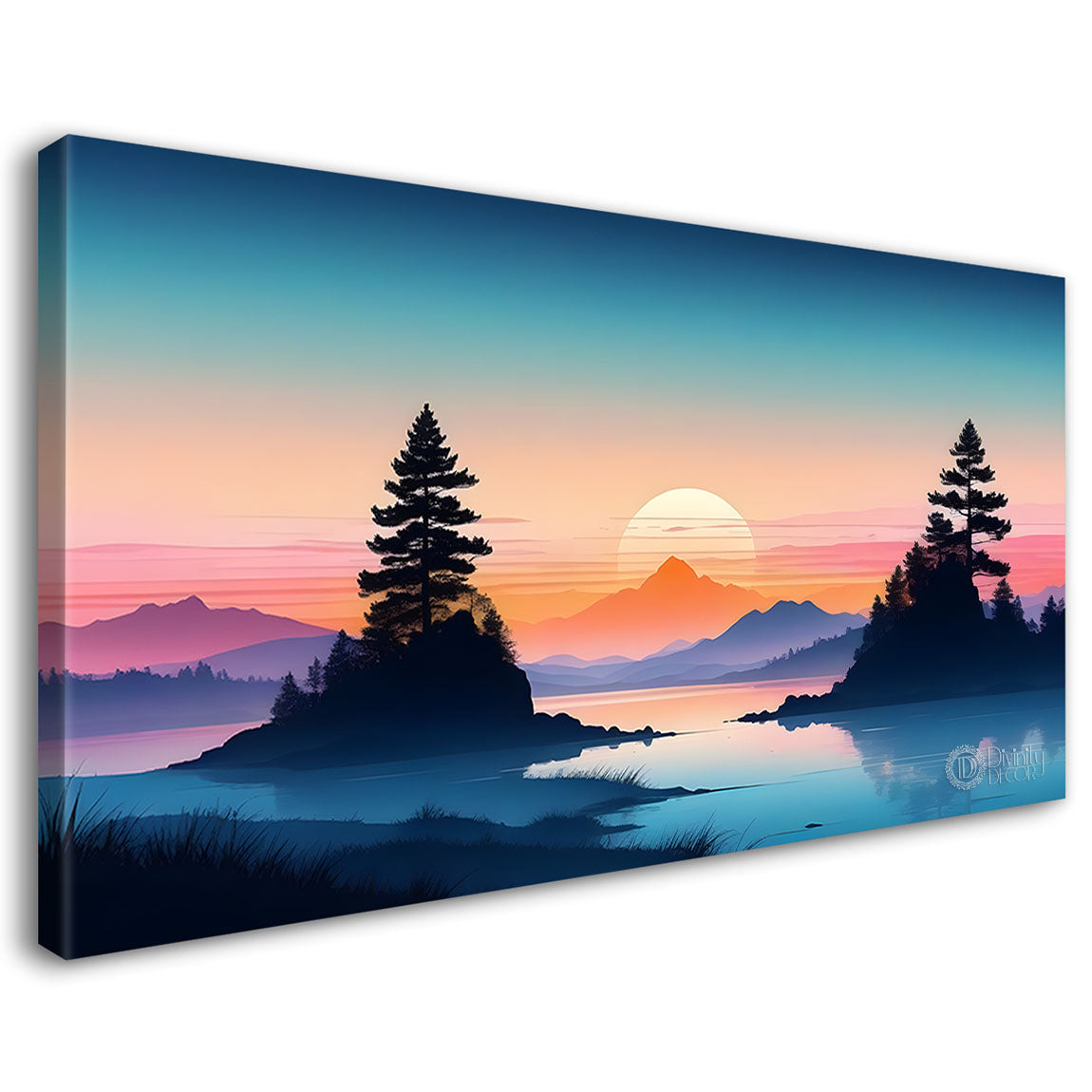 Mountains with sunset and trees water color painting Canvas Painting - Nature Art -195
