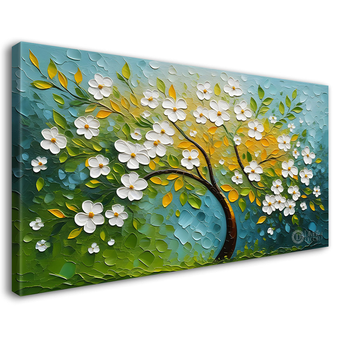 White flower tree in textured background oil painting- Design - Tree-195