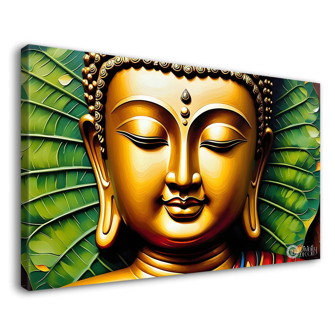 Golden buddha with the leaves background textured painting Canvas Wall Painting - Buddha-196