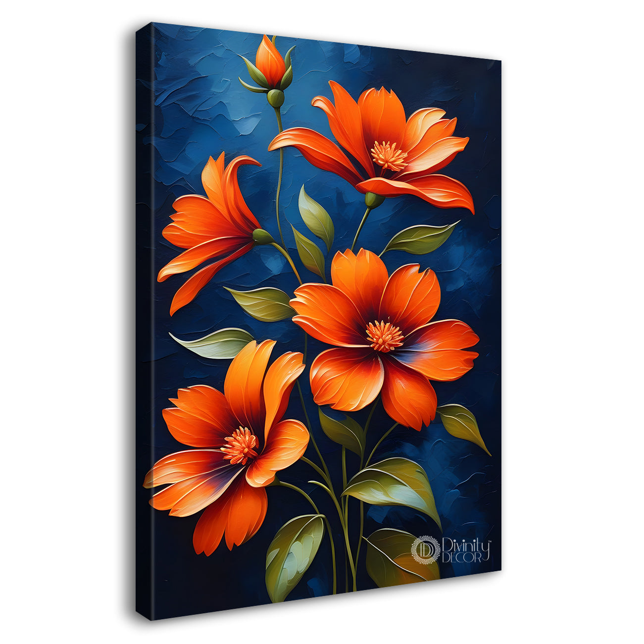 Orange flowers in navy blue textured painting- Flower-V-196