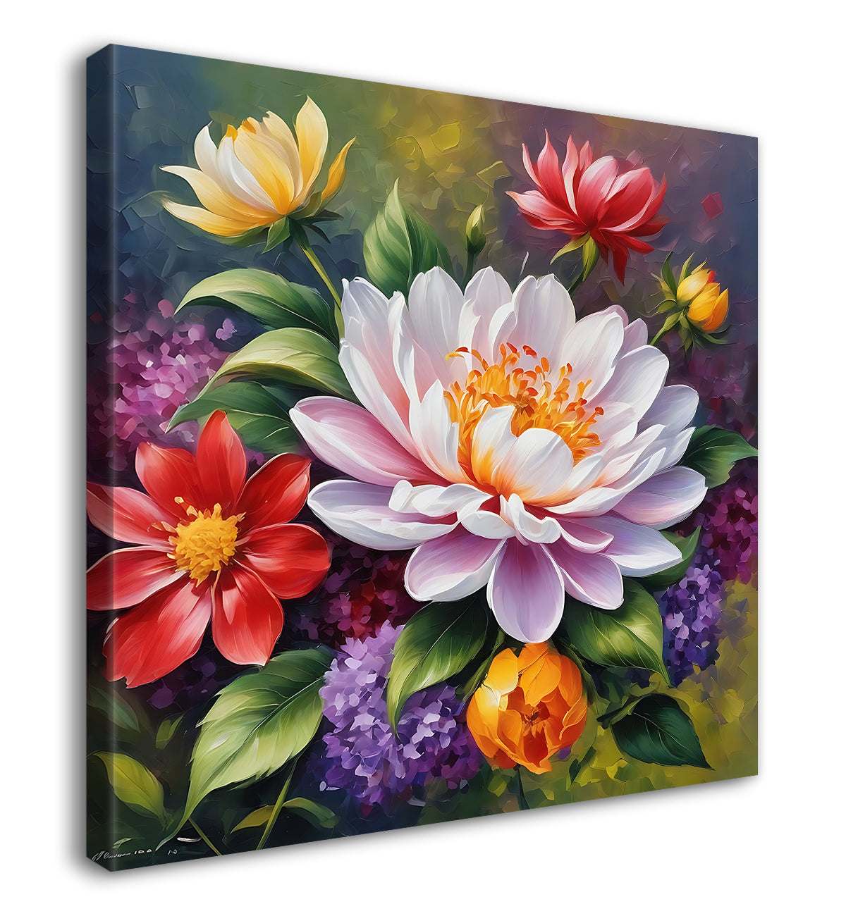 Colourful flowers in dark textured painting - Flower-S-196