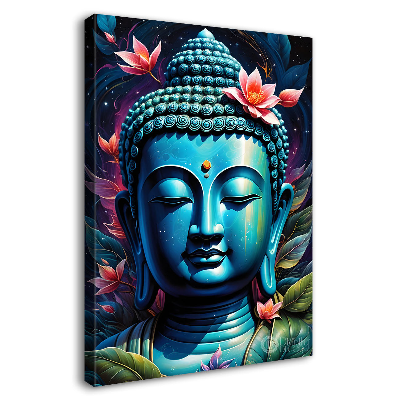 Blue face buddha with lotus and dark texturd oil paintingBuddha-V-196