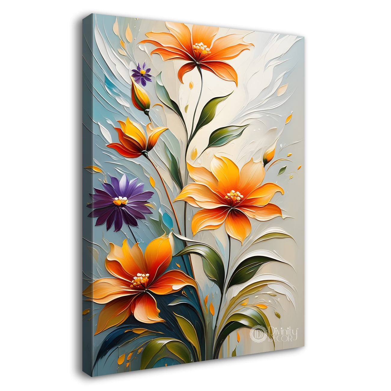 Orange flowers in grey textured background painting- Flower-V-197