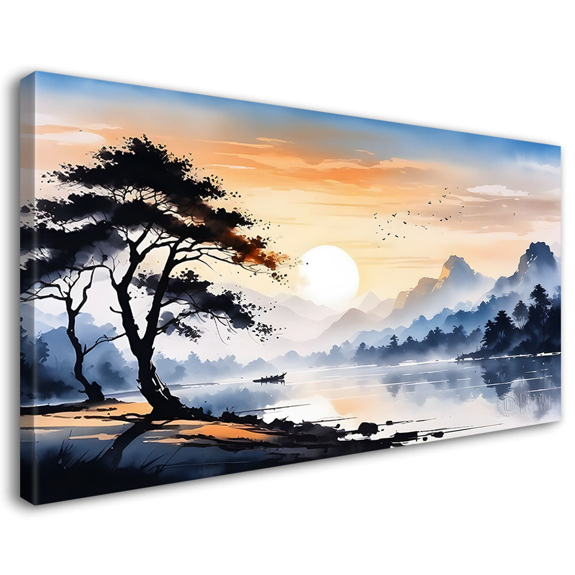 Mountains with tree water color painting Canvas Painting - Nature Art -198