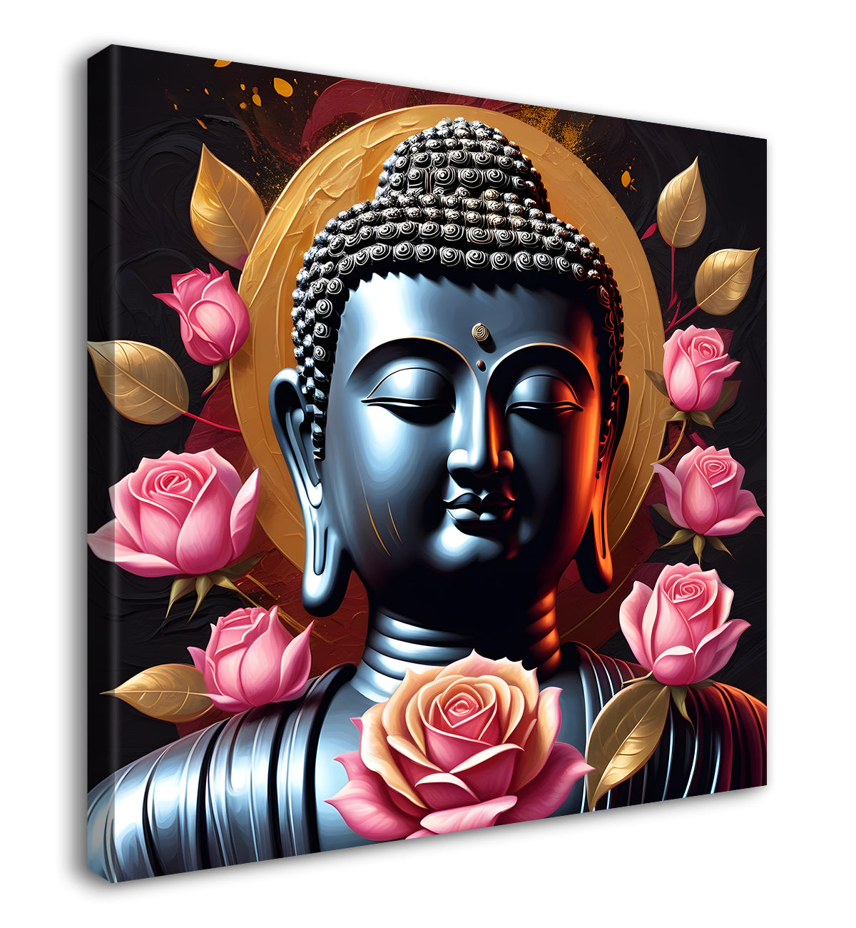 Buddha face with lotuses in textured background  24x24 inch Buddha-S-198