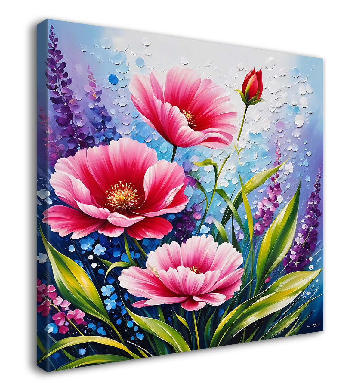 Pink flowers in blue background textured painting - Flower-S-198