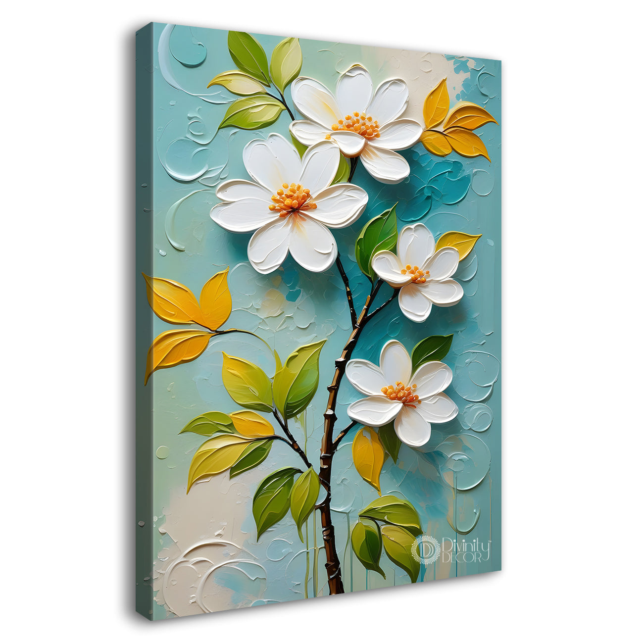 White flowers in blue textured background painting- Flower-V-198