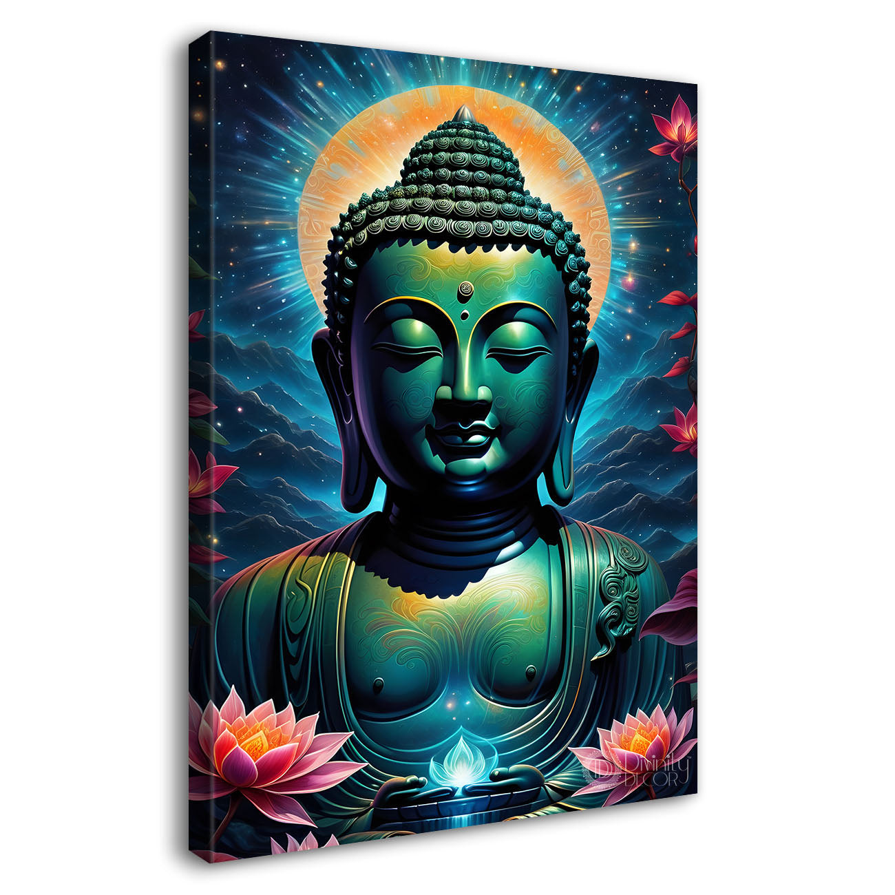 Blue face buddha with lotus and dark texturd oil painting Buddha-V-198