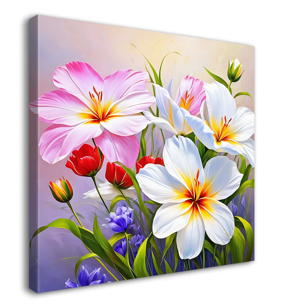 White and pink flowers in grey textured painting - Flower-S-199