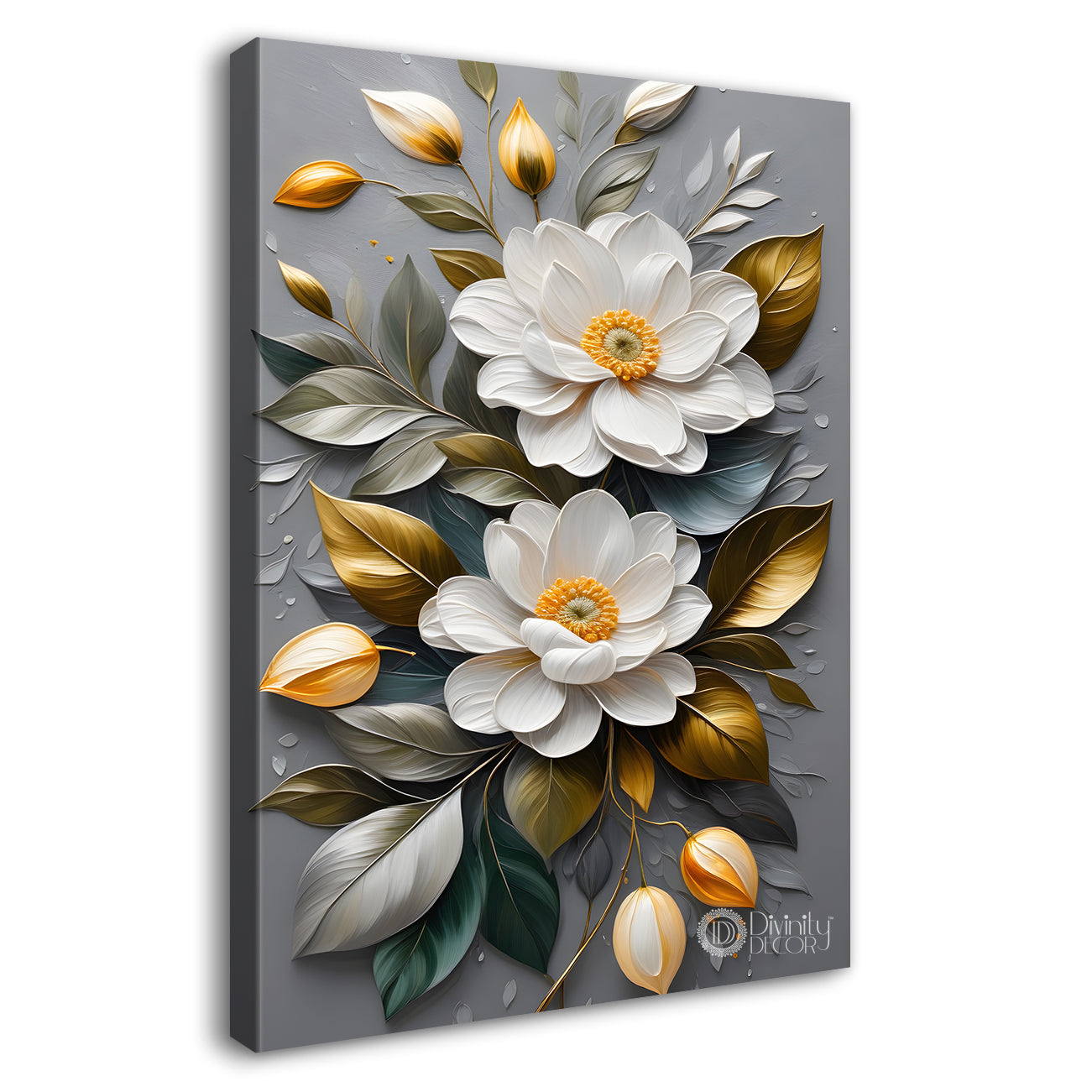 White flowers in grey textured background painting- Flower-V-199