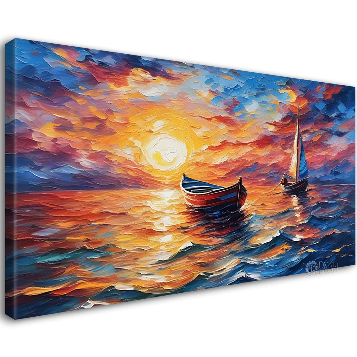 Boats in river with sunset background textured modern art canvas painting - Design - River-19
