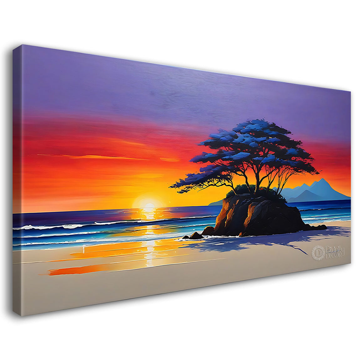 Beach with sunrise and trees in textured painting Canvas Painting - Nature Art -19