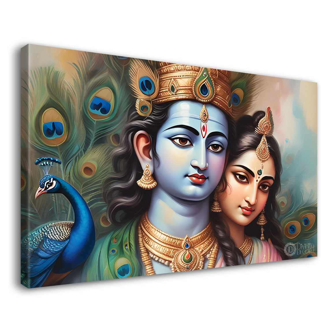 Blue face Krishna and Radha with peacock painting Canvas Painting - Design - Krishna-19