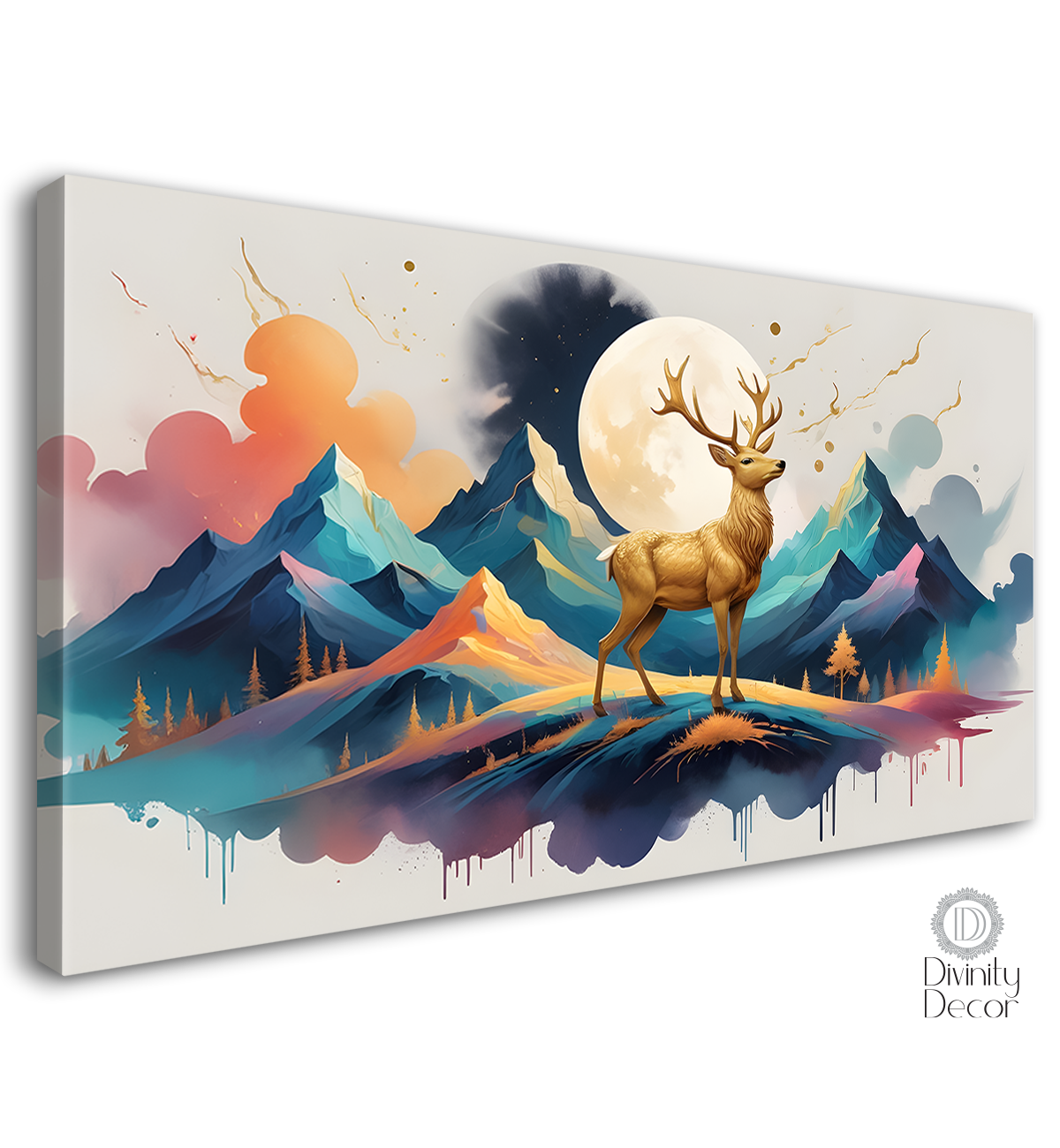 Golden Deer with mountains and moon in textured art.- Design - Animal -19