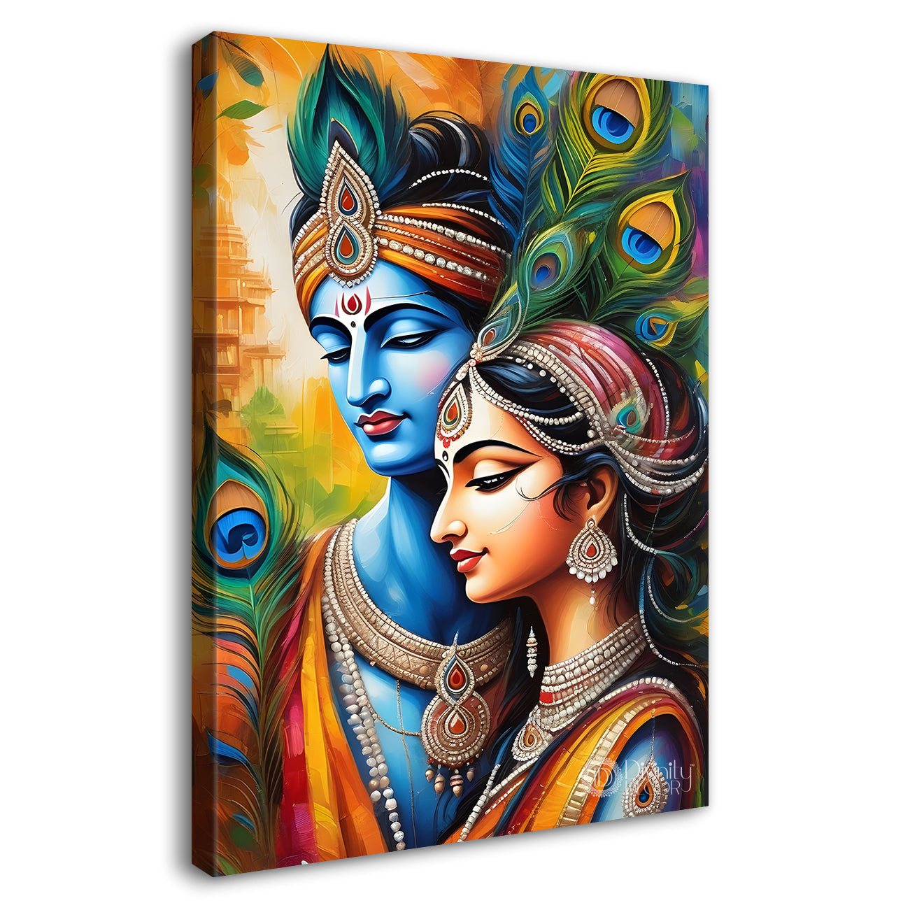 Blue face of krishna with radha in peacock feathers background textured art Canvas Painting - Design - Krishna-V-19