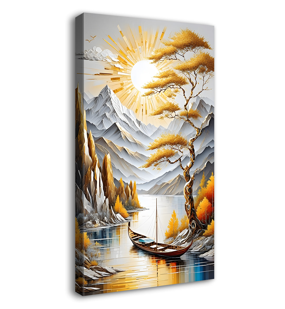 White mountains with golden trees and lake textured natural art Canvas Painting - Nature Art -V-19