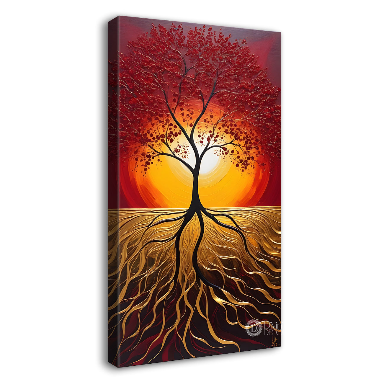 Red textured tree in front of sun with red textured oil painting Canvas painting - Tree-V-19