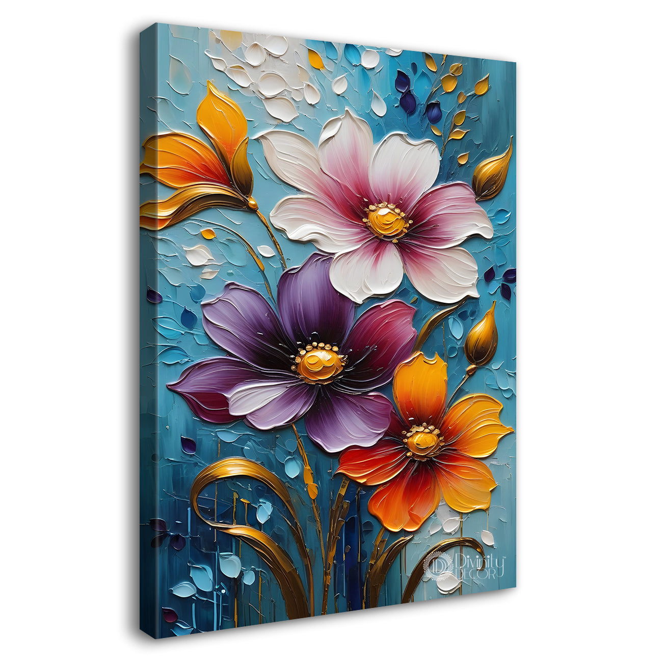 Colourful flowers in blue textured background painting - Flower-V-19