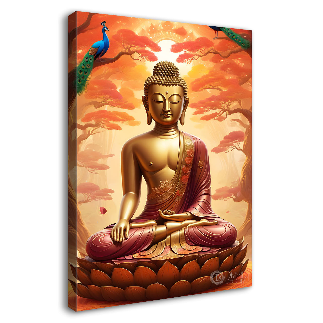 Golden buddha sitting on lotus with trees,peacock and orange background textured painting Canvas Wall Painting - Buddha-V-1