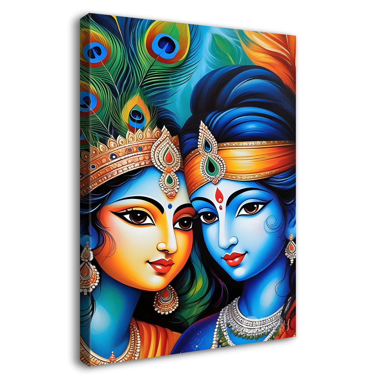Blue face of krishna with radha in orange background textured art  Canvas Painting - Design - Krishna-V-1