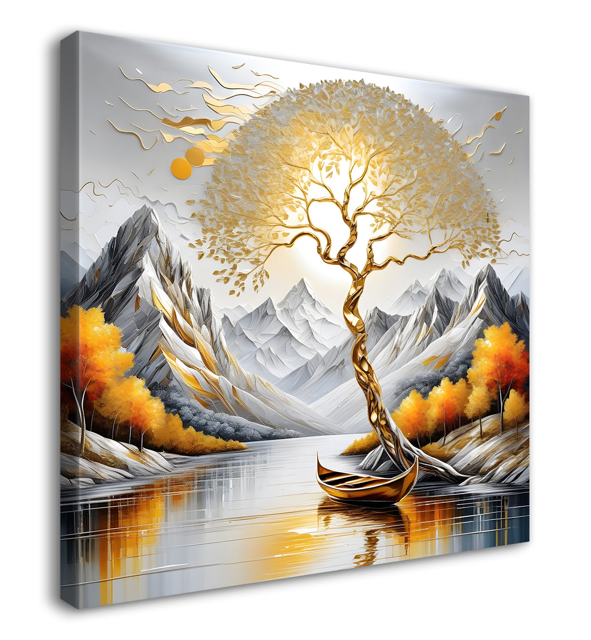 Japnese tree with grey mountains and river Canvas Painting 24X24- Nature Art -S-10