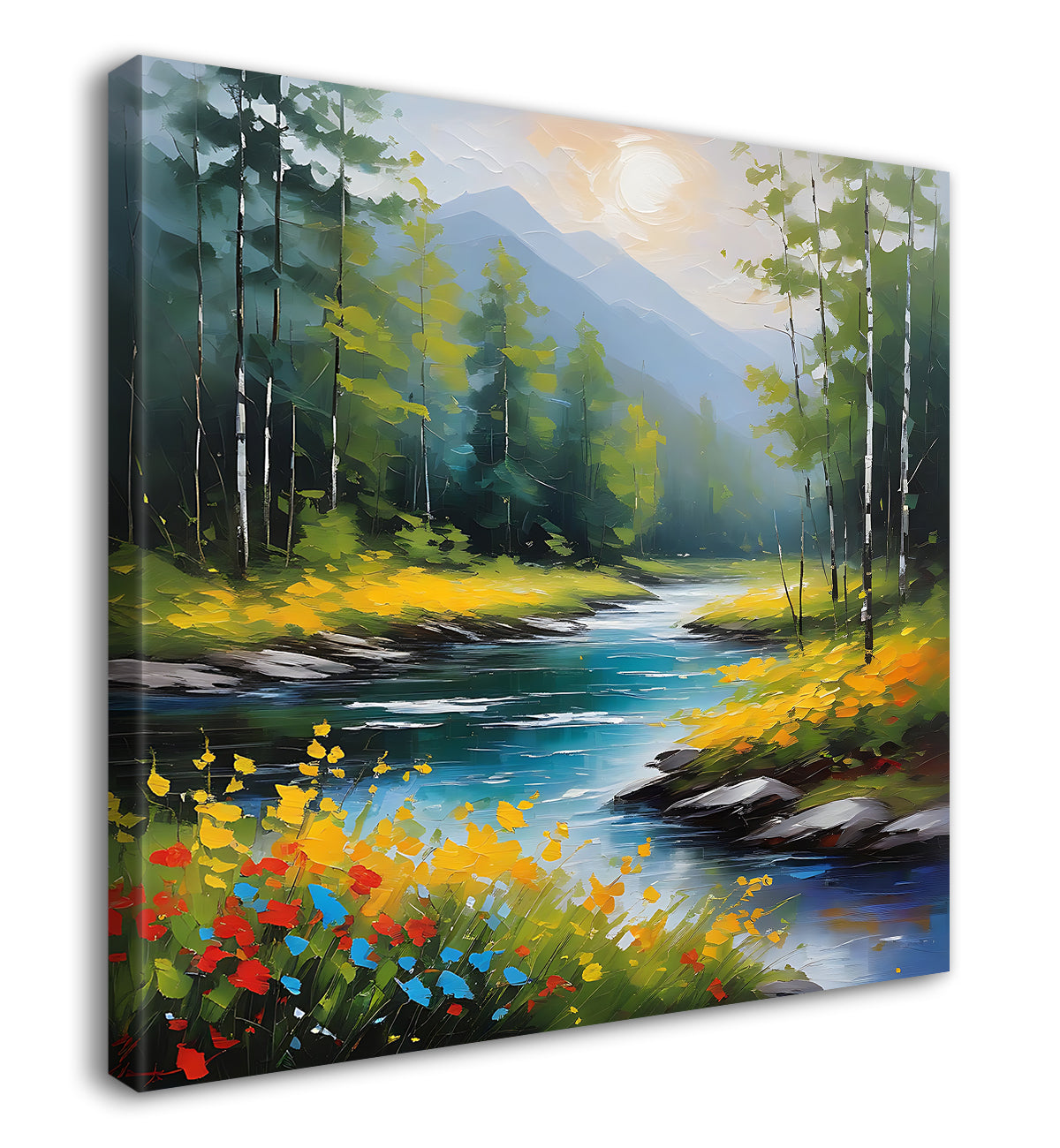 Mountains with river painting  24X24  - Nature Art -S-117