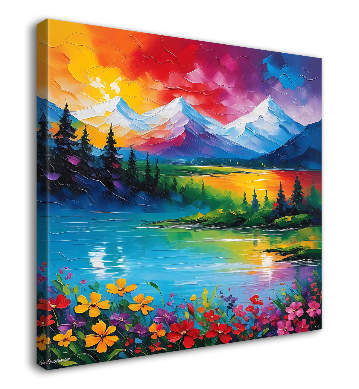 Colourful mountains with flower painting 24X24 - Nature Art -S-119