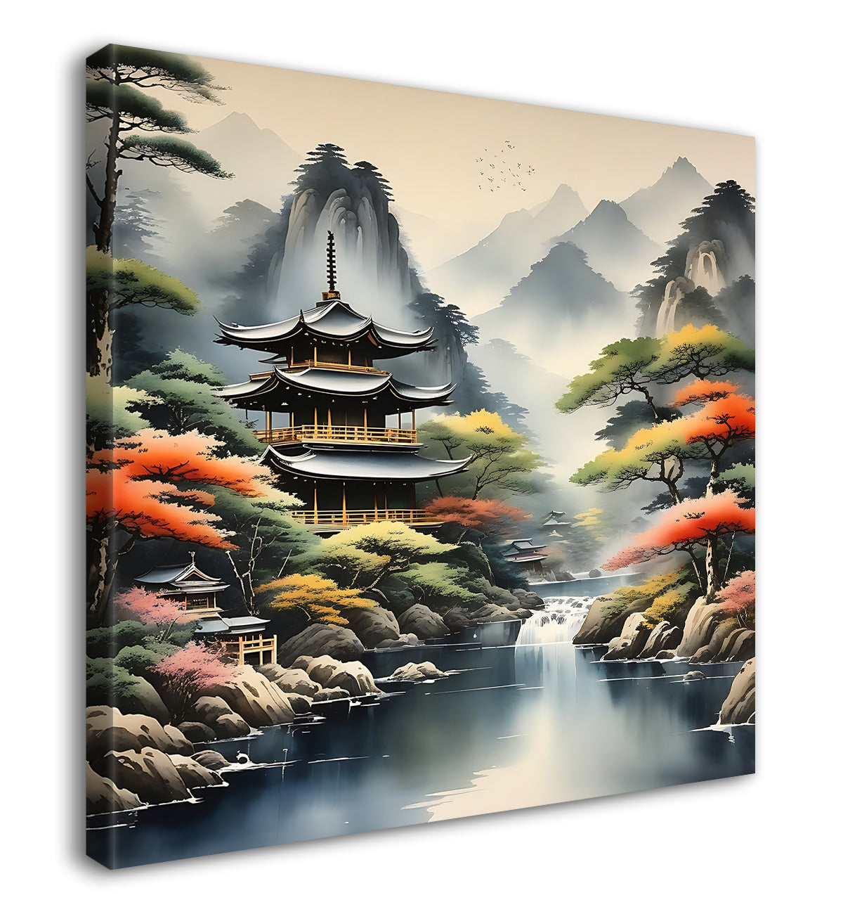 Mountains with tree and river painting  24X24 - Nature Art -S-128