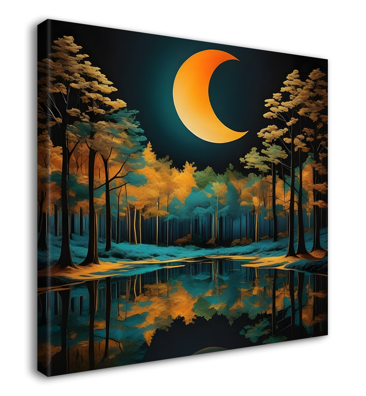 Orange trees with half moon in dark green background painting 24X24 - Nature Art -S-13