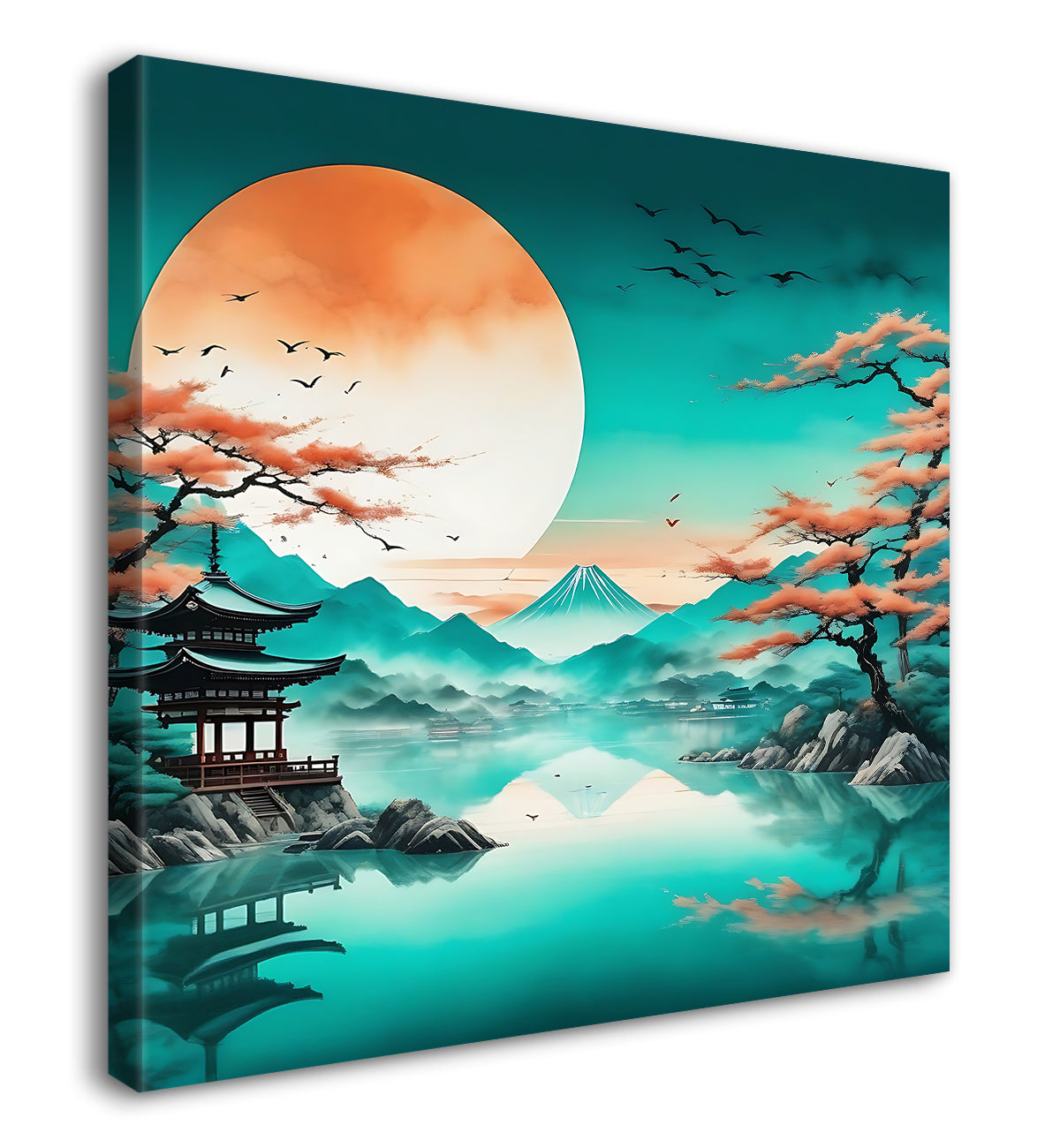 Mountains with moon aqua texture painting 24X24  - Nature Art -S-135