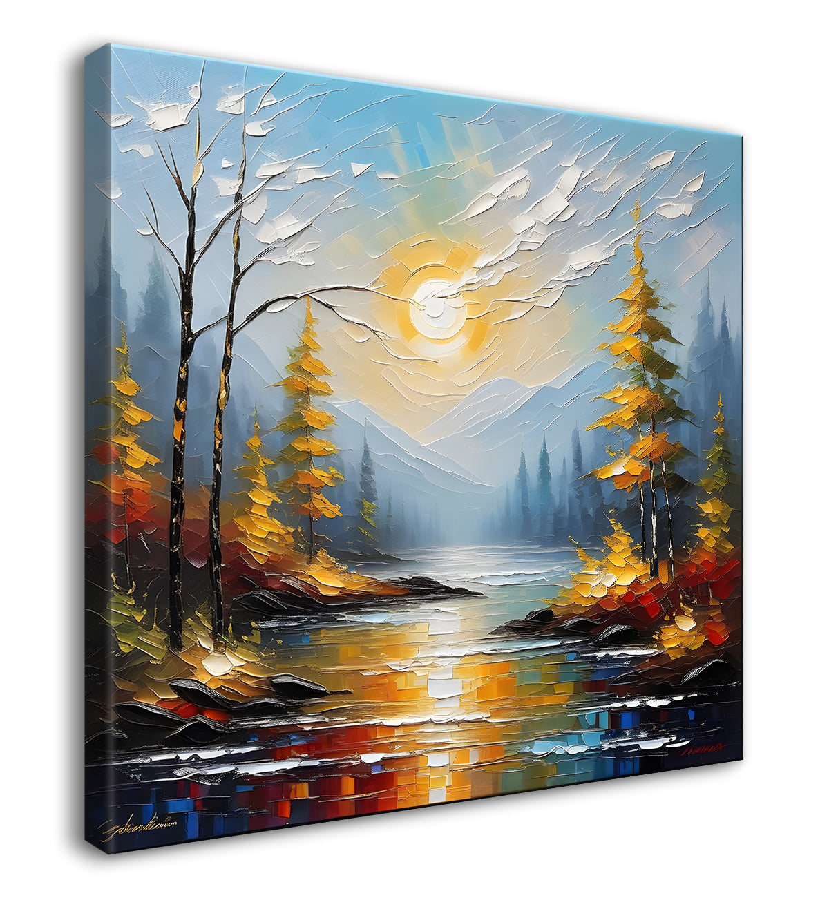 Yellow trees with mountains , sun and lake in textured natural art Canvas Painting 24X24 - Nature Art -S-14