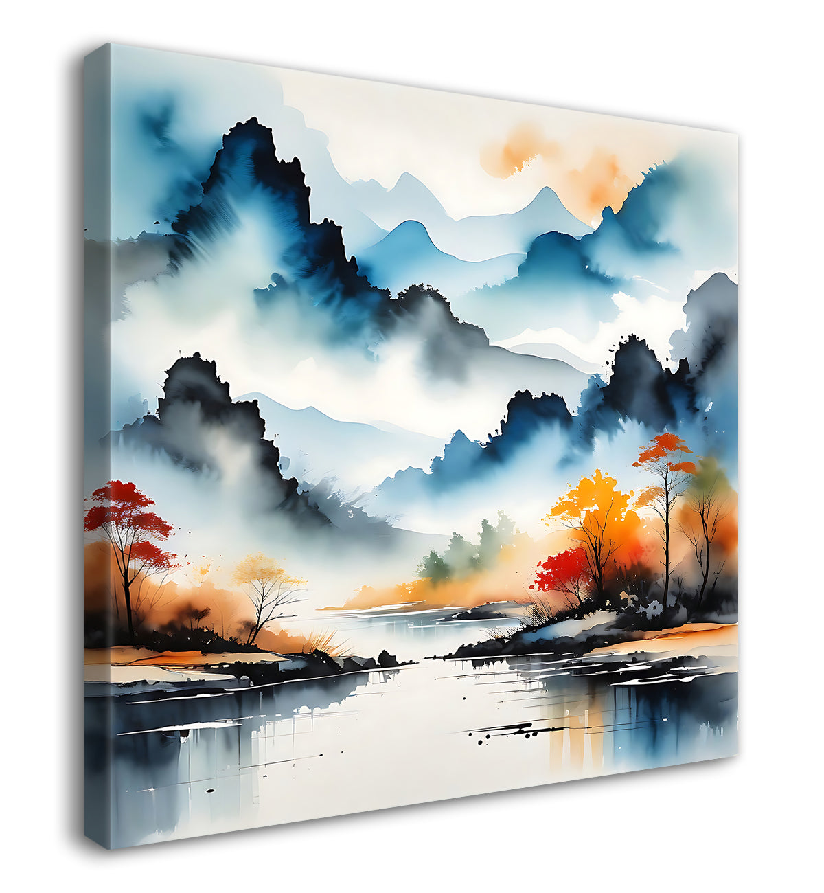 Mountains and river in water colour painting 24X24 - Nature Art -S-141