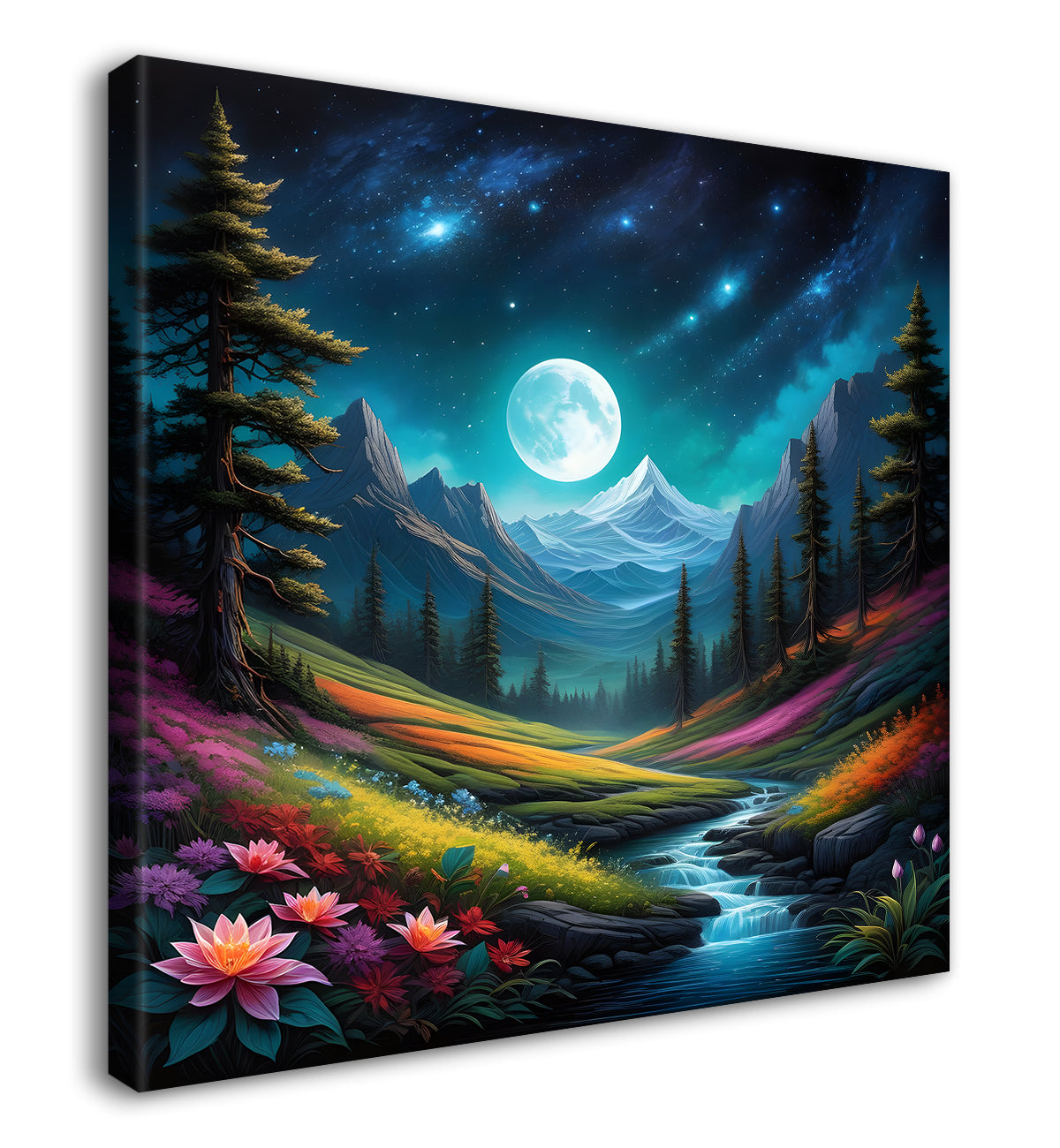 Natural art painting of mountains, river with beautiful flowers and moon Canvas Painting 24X24- Nature Art -S-16