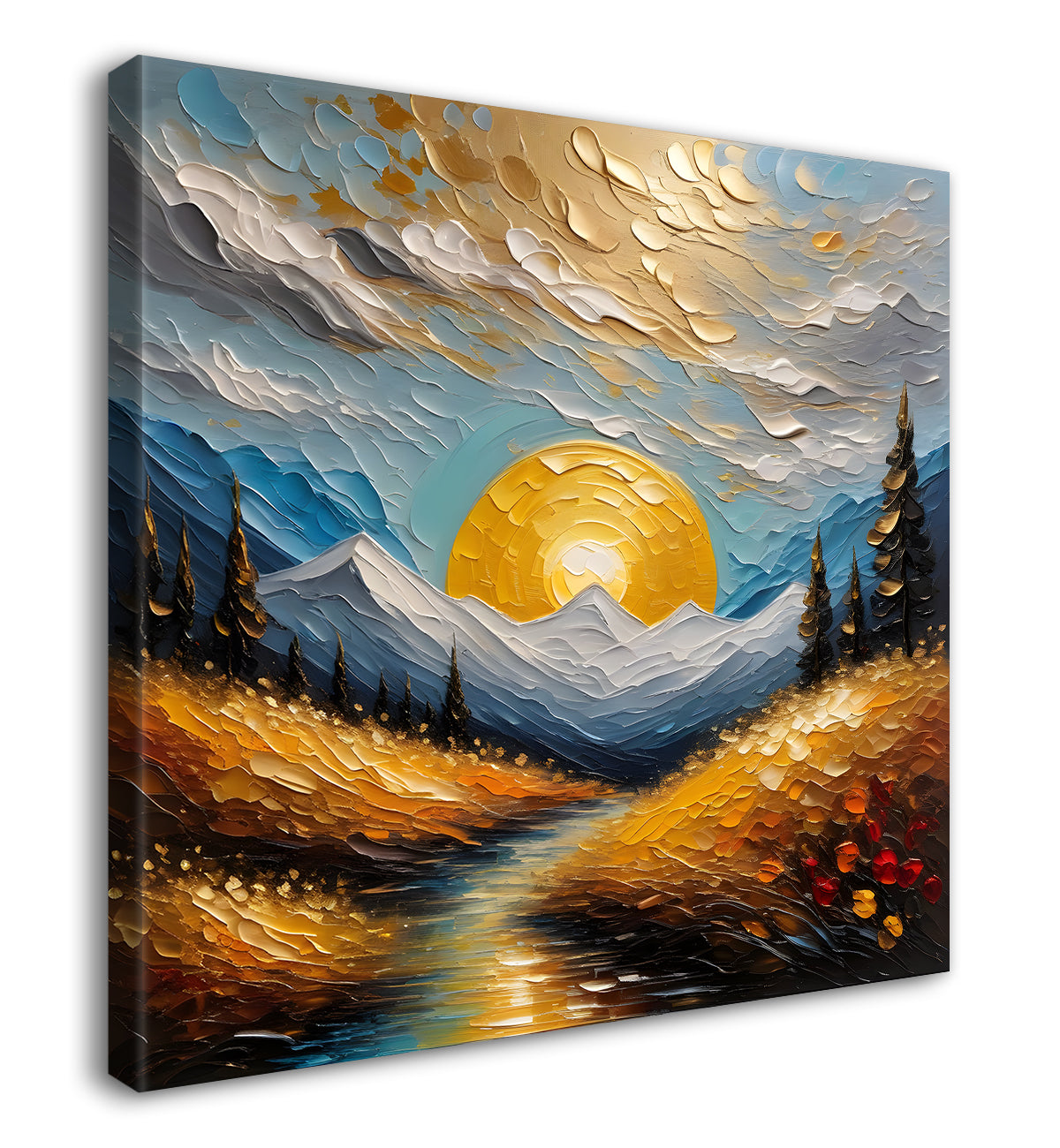 Mountians and lake with sunrise background painting Canvas Painting 24X24 - Nature Art -S-17