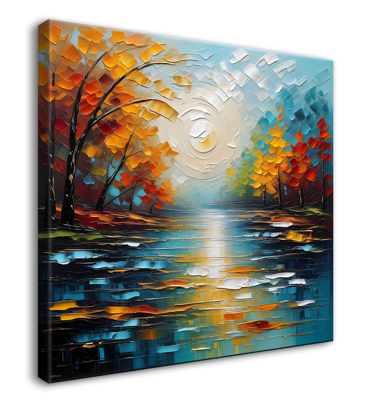 Red-orange tree with colourful lake natural art Canvas Painting 24X24- Nature Art -S-18