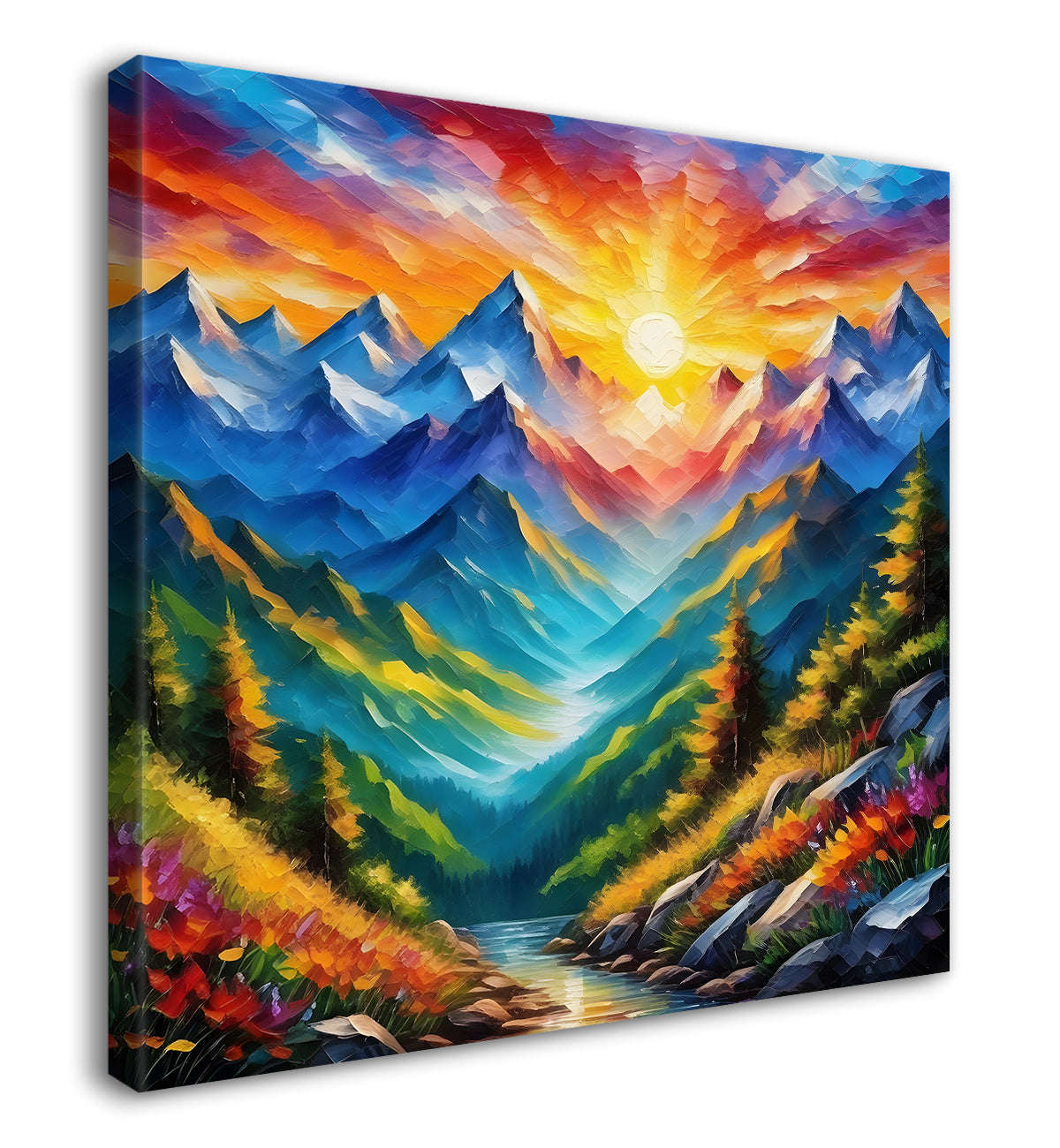 Mountains with greenery in sunrise textured painting Canvas Painting 24X24- Nature Art -S-19