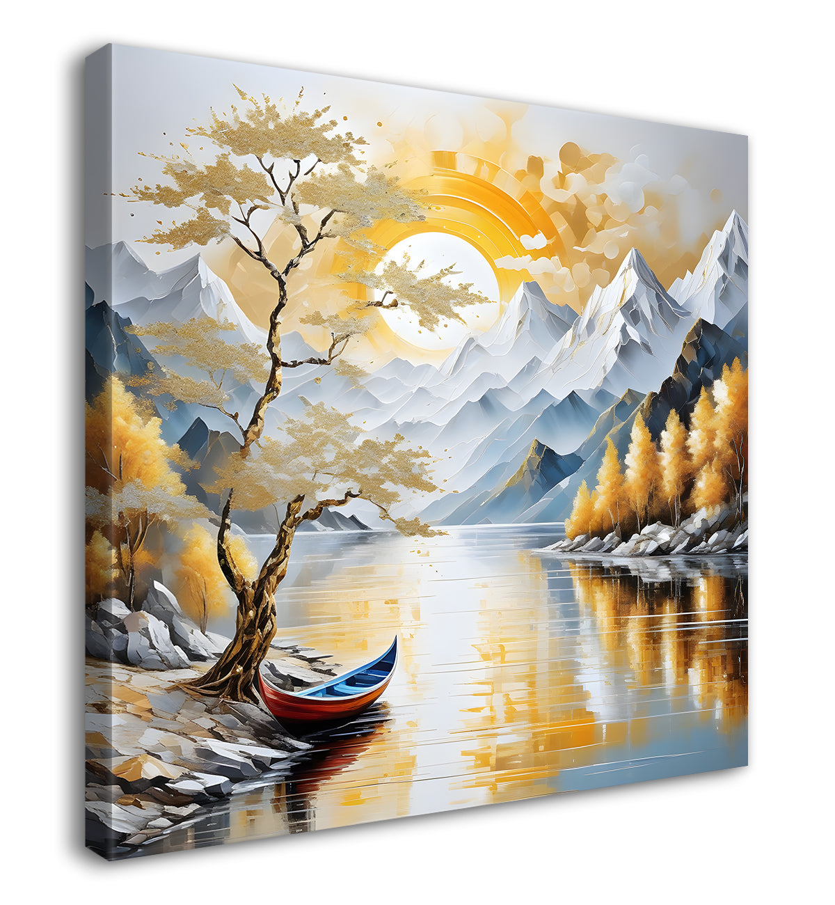 Golden tree with river and mountains in light background painting Canvas Painting 24X24 - Nature Art -S-20