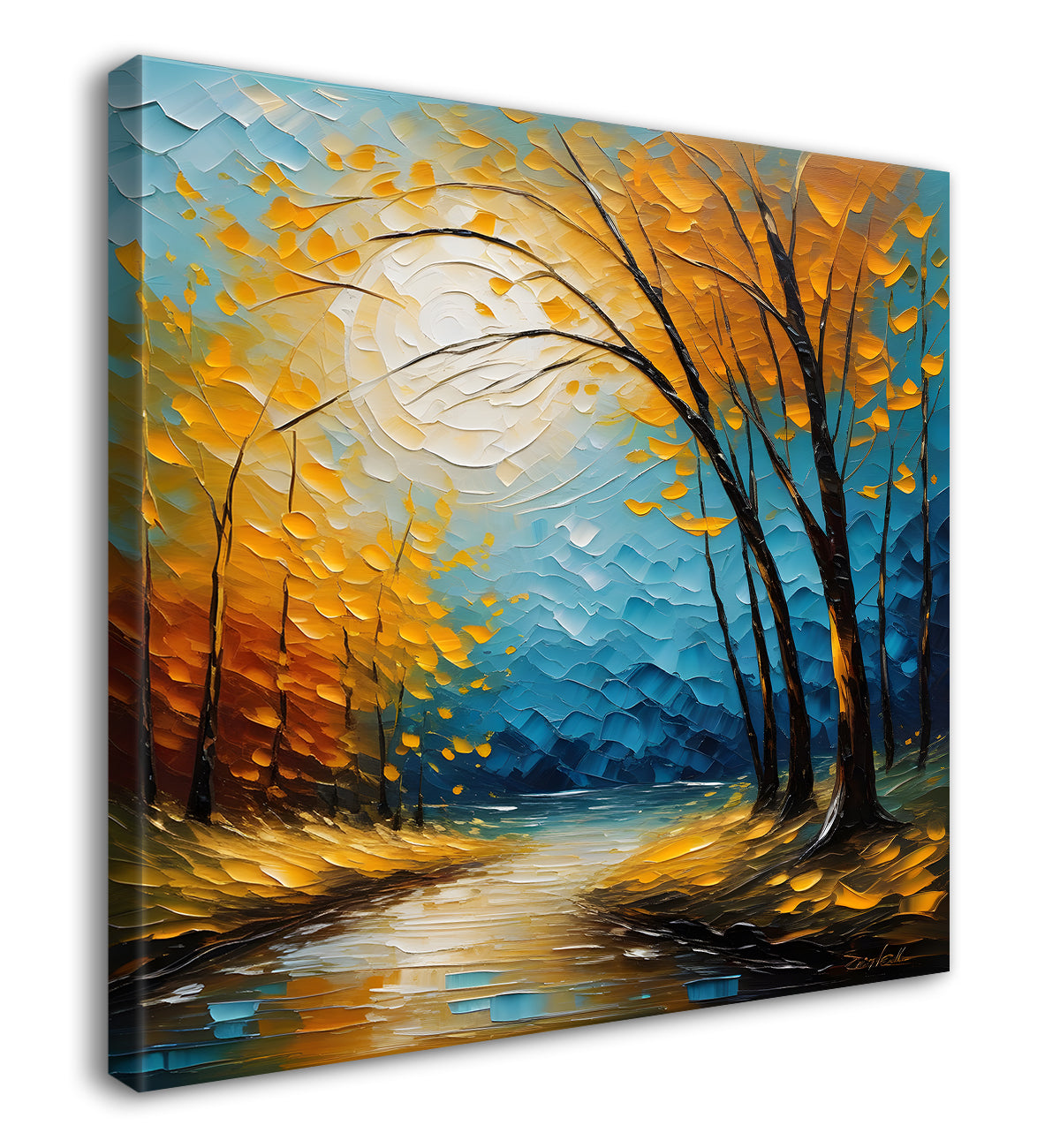 Orange tree with sun in blue textured background Canvas Painting 24X24- Nature Art -S-21