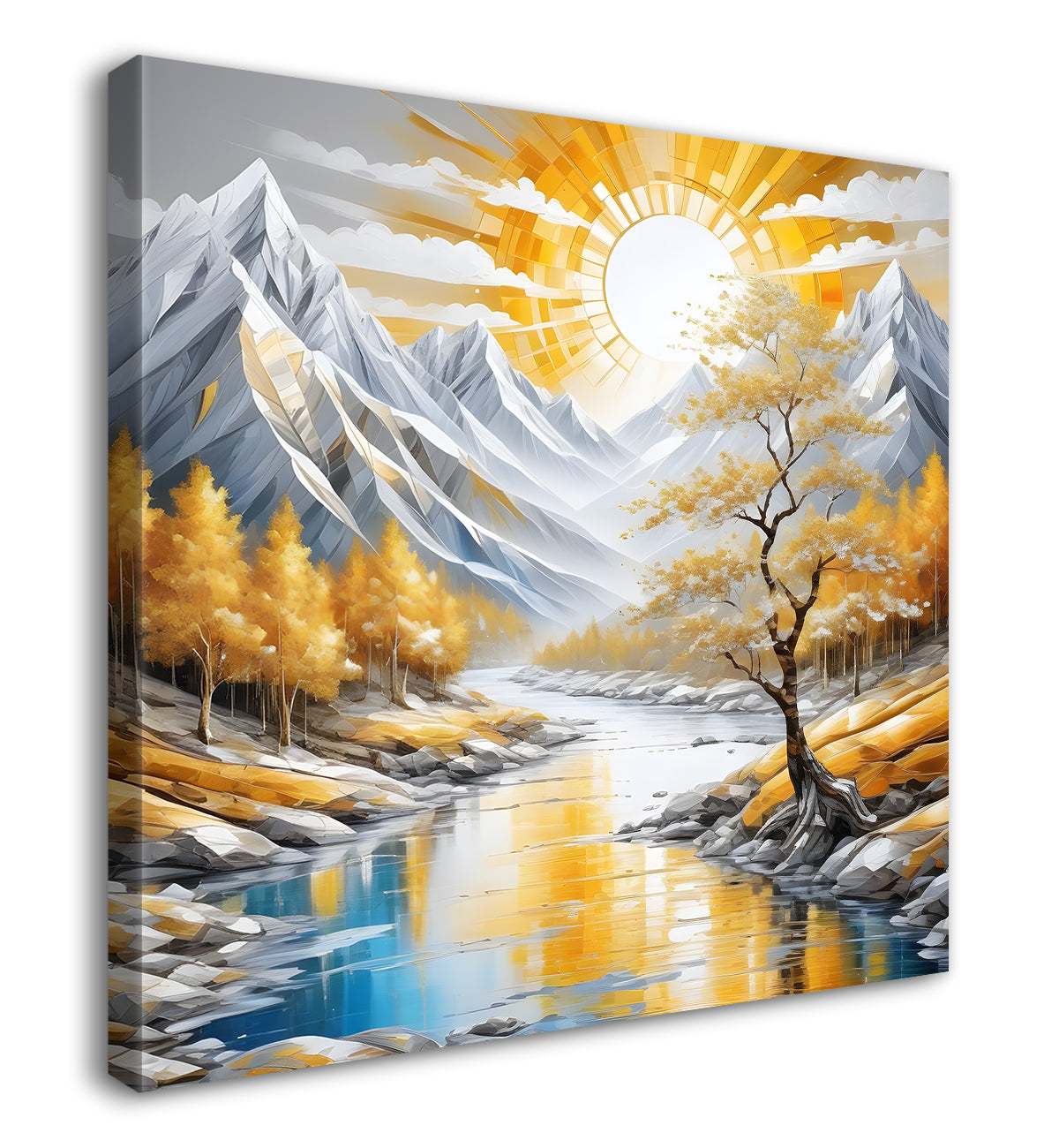 Colourful tree with lake in textured natural art painting Canvas Painting 24X24- Nature Art -S-24