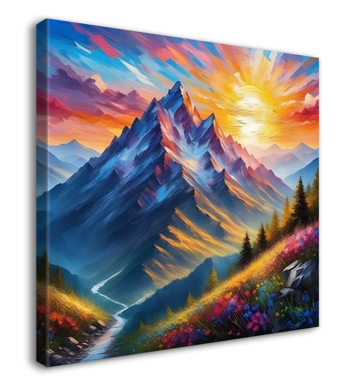 Mountains with greenery and flowers in sunrise textured painting Canvas Painting 24X24- Nature Art -S-30