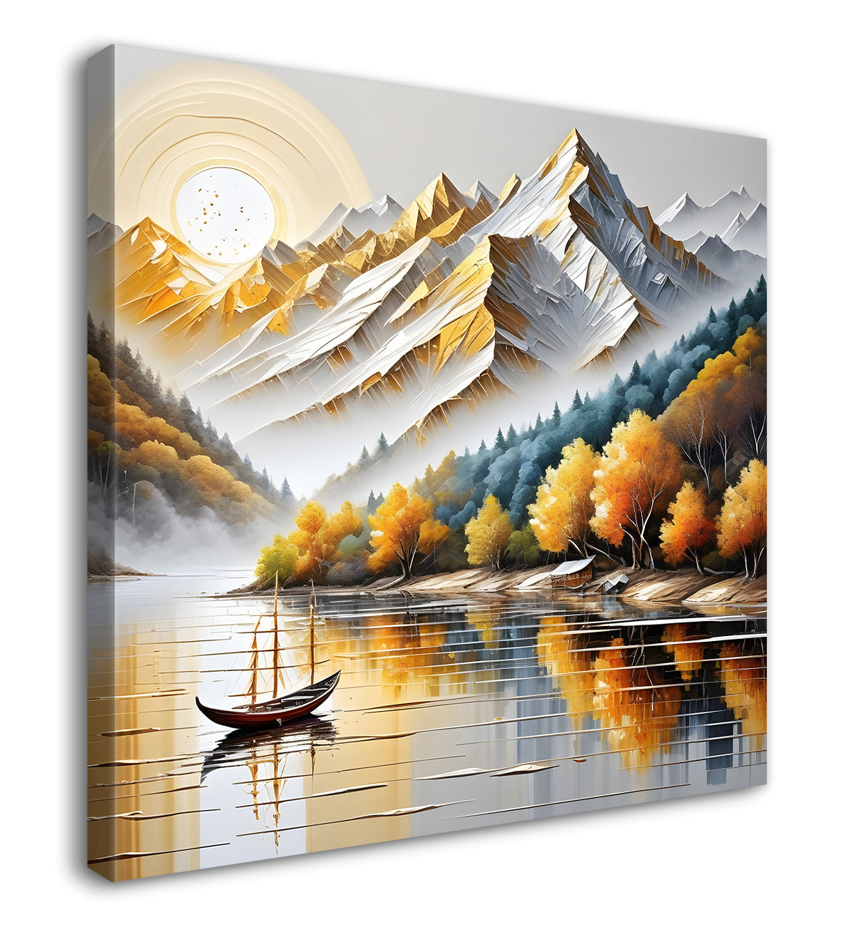 Golden tree with river and mountains in light background painting Canvas Painting 24X24- Nature Art -S-31