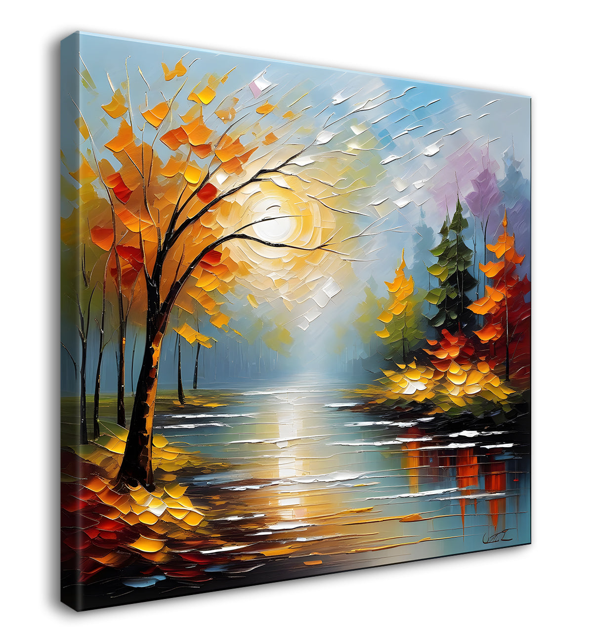 Orange tree with lake in textured natural painting Canvas Painting 24X24- Nature Art -S-33
